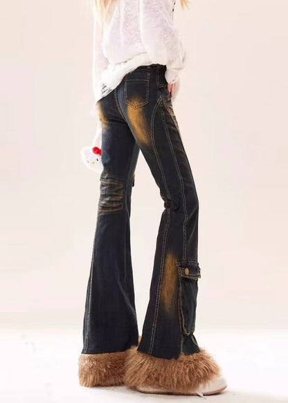 Silm Fit Navy Patchwork Pockets Faux Fur Denim Flare Bottoms Spring