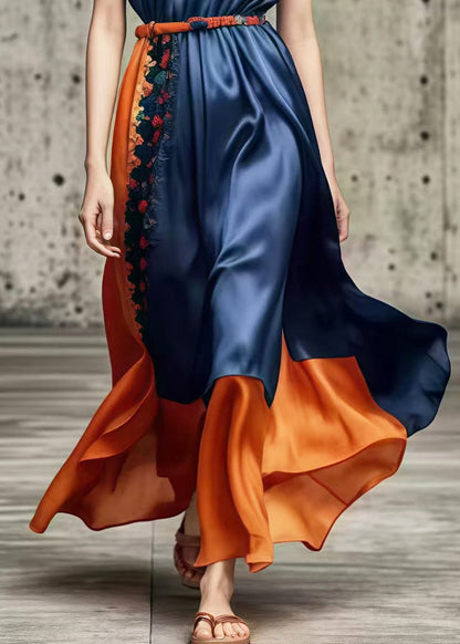 Silm Fit Navy Ruffled Patchwork Silk Holiday Dress Summer