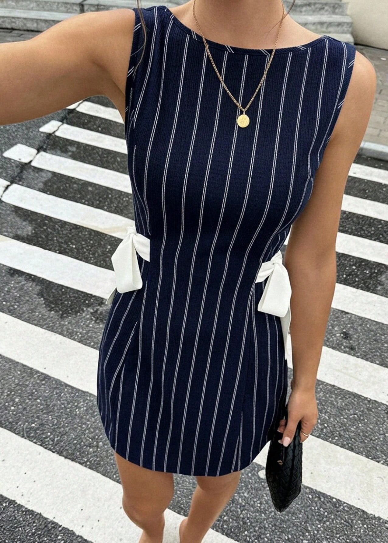 Silm Fit Navy Striped Bow Cotton Mini Dress Sleeveless