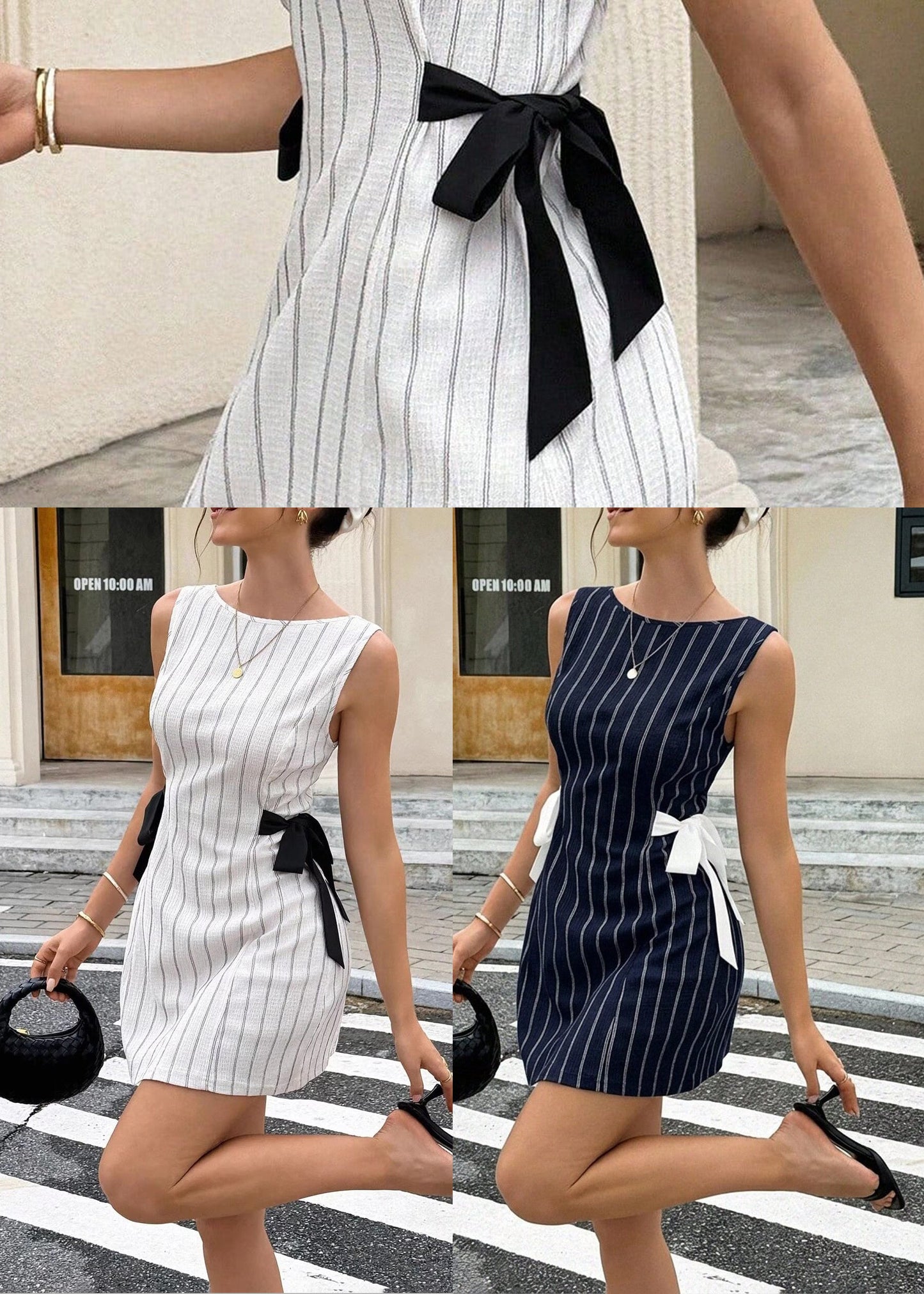 Silm Fit Navy Striped Bow Cotton Mini Dress Sleeveless