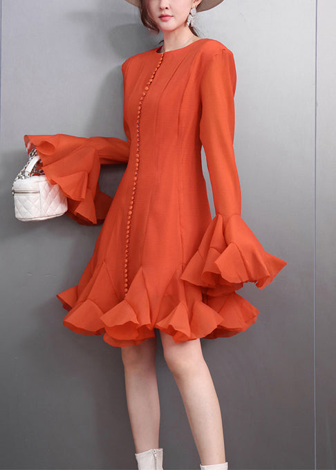 Silm Fit Orange Exra Large Hem Chiffon Party Dress Flare Sleeve