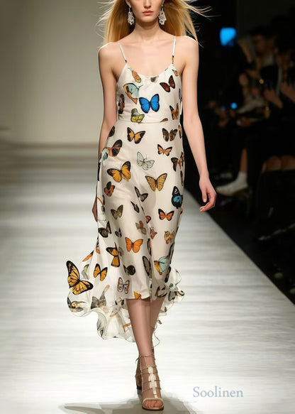Silm Fit Polychrome Butterfly Chiffon Spaghetti Strap Dress Summer
