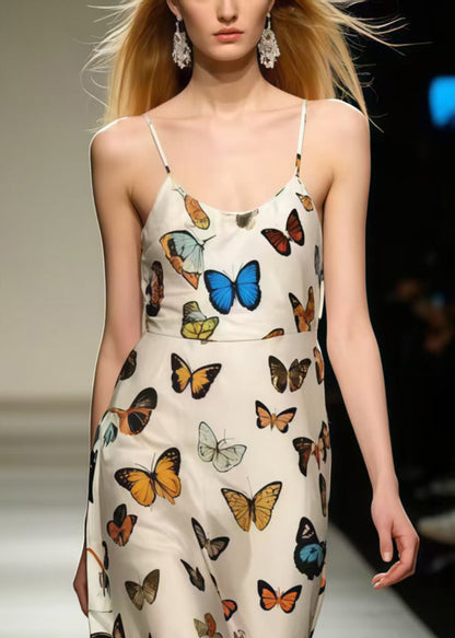 Silm Fit Polychrome Butterfly Chiffon Spaghetti Strap Dress Summer