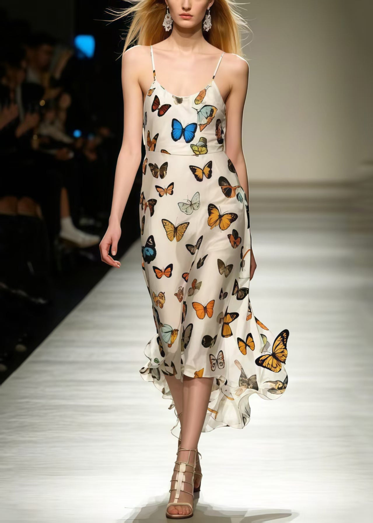 Silm Fit Polychrome Butterfly Chiffon Spaghetti Strap Dress Summer