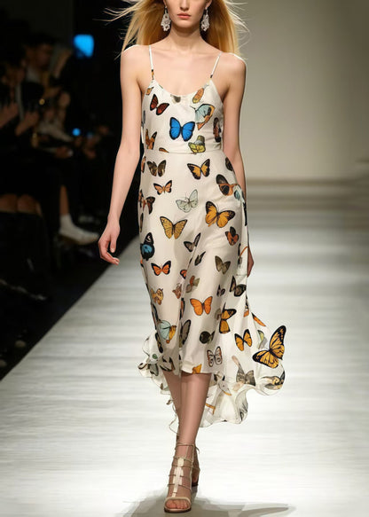 Silm Fit Polychrome Butterfly Chiffon Spaghetti Strap Dress Summer