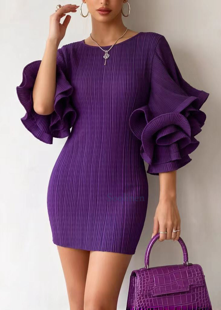Silm Fit Purple O-Neck Patchwork Cotton Mini Dresses Petal Sleeve