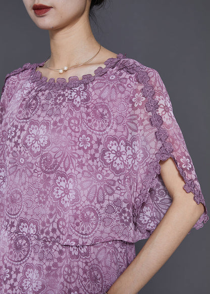 Silm Fit Purple Print Chiffon Fake Two Piece Dresses Summer