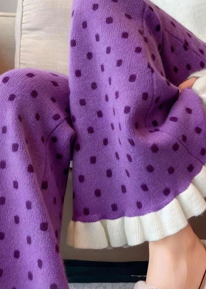 Silm Fit Purple Ruffled Patchwork Knit Flared Pants Winter
