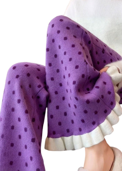 Silm Fit Purple Ruffled Patchwork Knit Flared Pants Winter