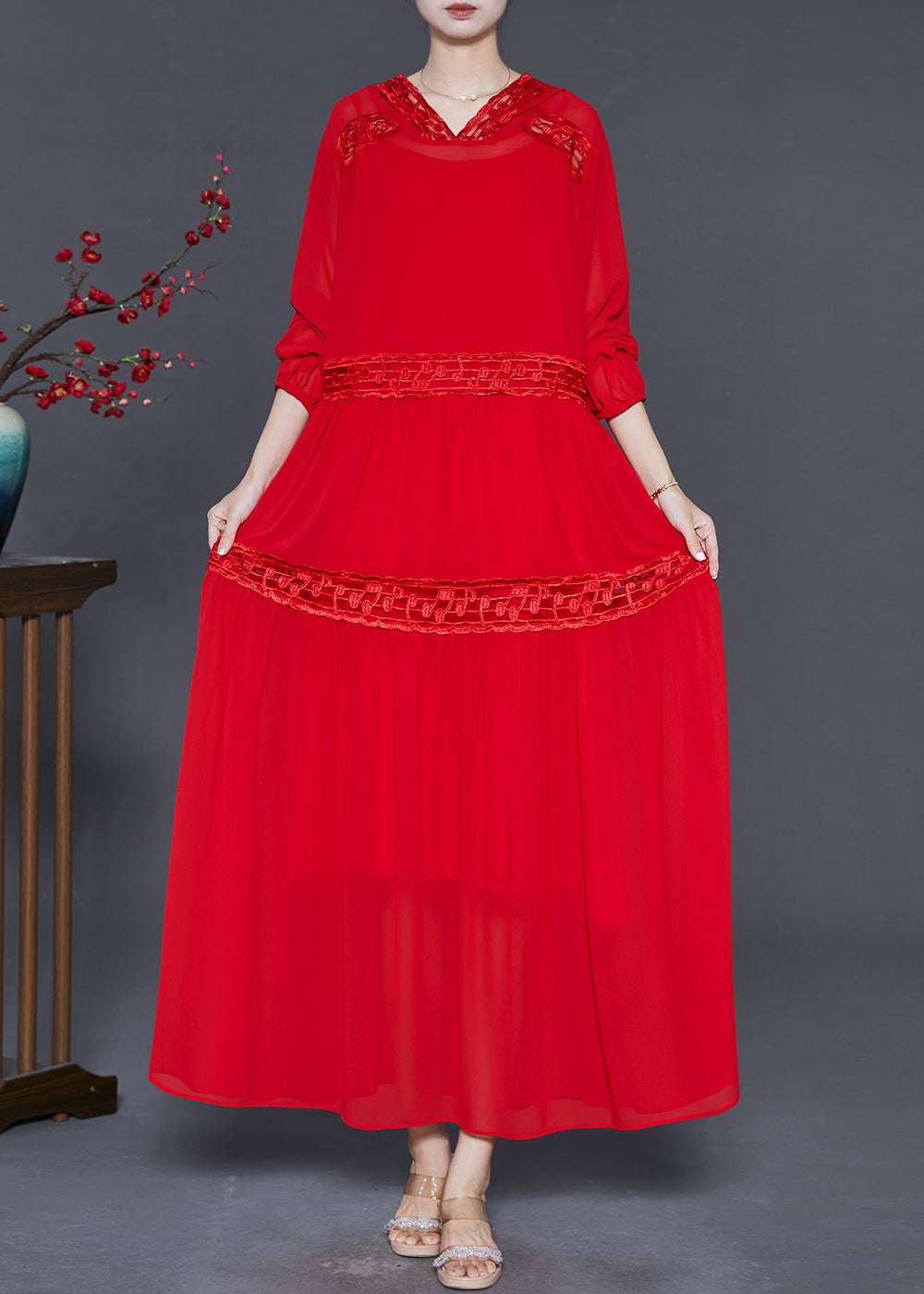 Silm Fit Red Hooded Patchwork Lace Chiffon Robe Dresses Spring