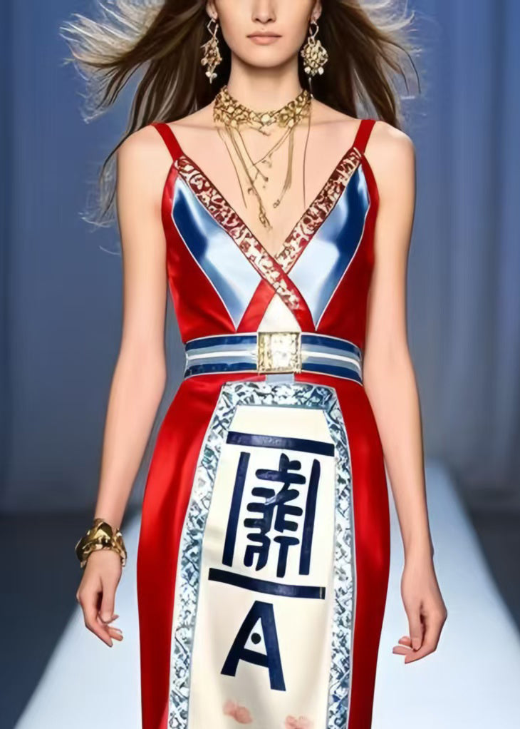 Silm Fit Red V Neck Print Silk Mini Dress Summer