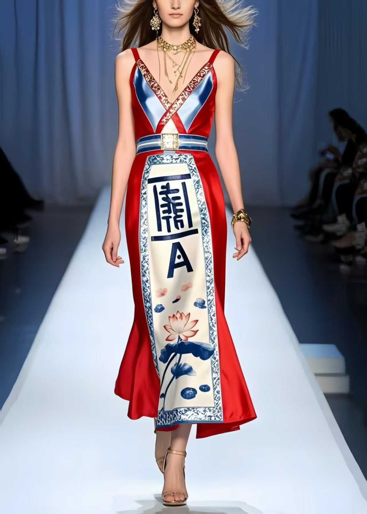 Silm Fit Red V Neck Print Silk Mini Dress Summer