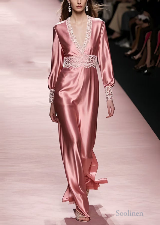 Silm Fit Rubber Red Lace Patchwork Draping Silk Dresses Spring