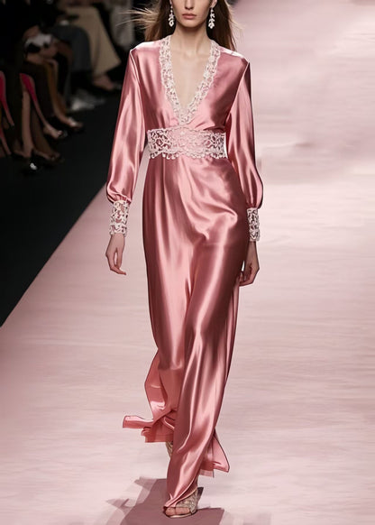 Silm Fit Rubber Red Lace Patchwork Draping Silk Dresses Spring