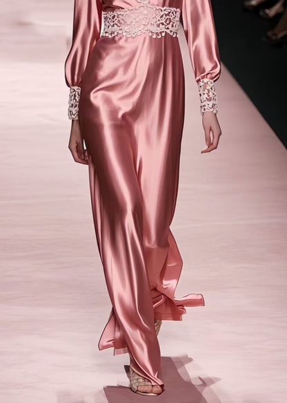 Silm Fit Rubber Red Lace Patchwork Draping Silk Dresses Spring