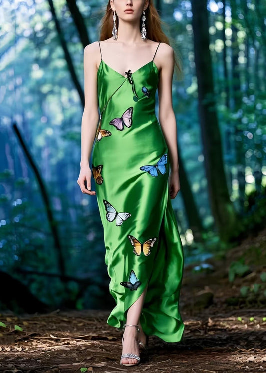 Silm Fit Tea Green Butterfly Side Open Silk Spaghetti Strap Dress Summer