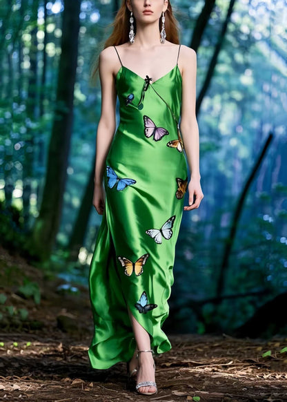 Silm Fit Tea Green Butterfly Side Open Silk Spaghetti Strap Dress Summer
