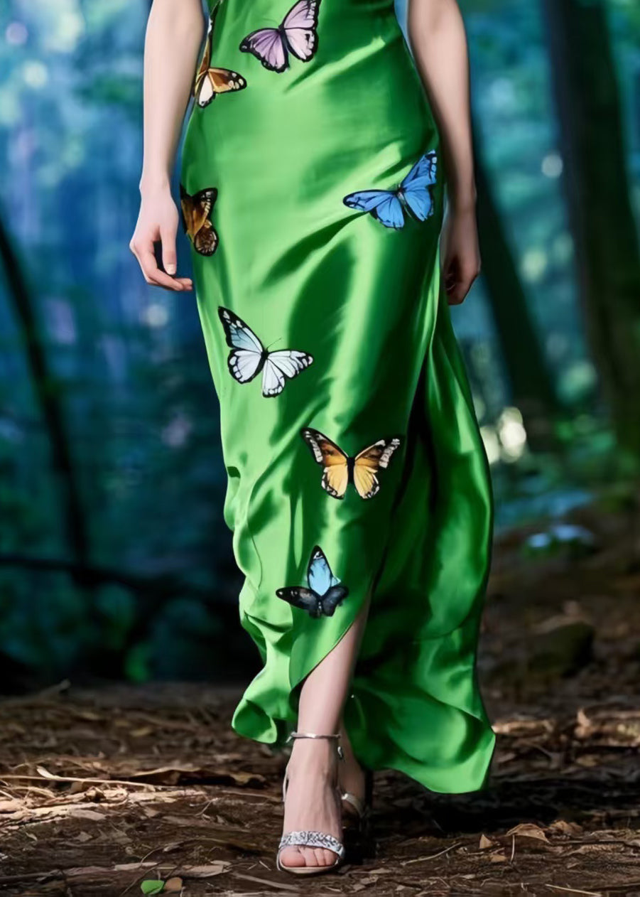 Silm Fit Tea Green Butterfly Side Open Silk Spaghetti Strap Dress Summer