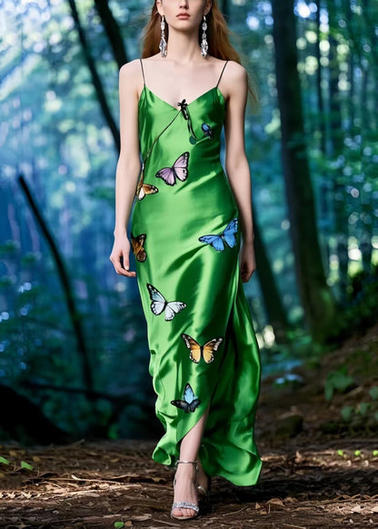 Silm Fit Tea Green Butterfly Side Open Silk Spaghetti Strap Dress Summer
