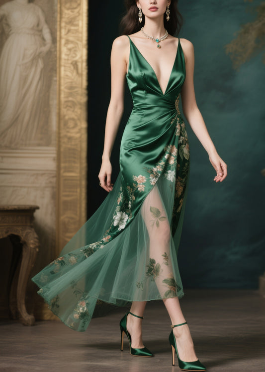 Silm Fit Tea Green Print Patchwork Tulle Party Dresses Summer