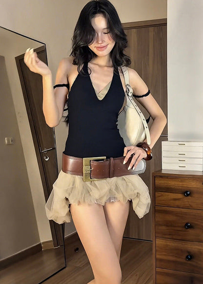 Silm Fit V Neck Halter Vests And Skirts Two Pieces Set Summer