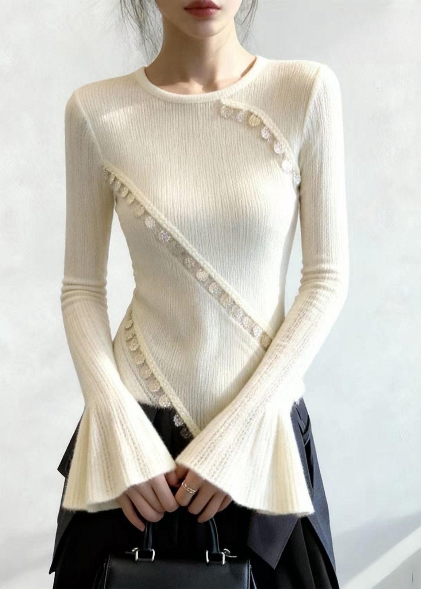 Silm Fit White Asymmetrical Patchwork Lace Knit Tops Flare Sleeve