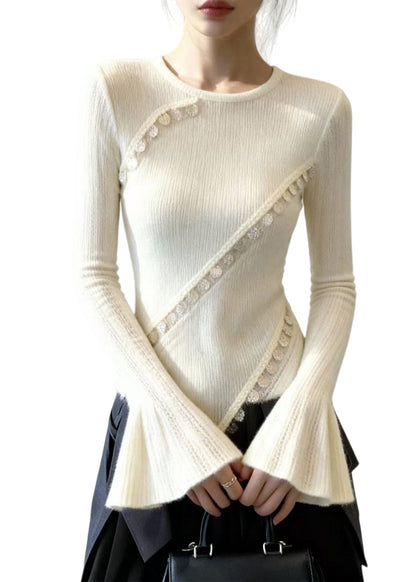 Silm Fit White Asymmetrical Patchwork Lace Knit Tops Flare Sleeve