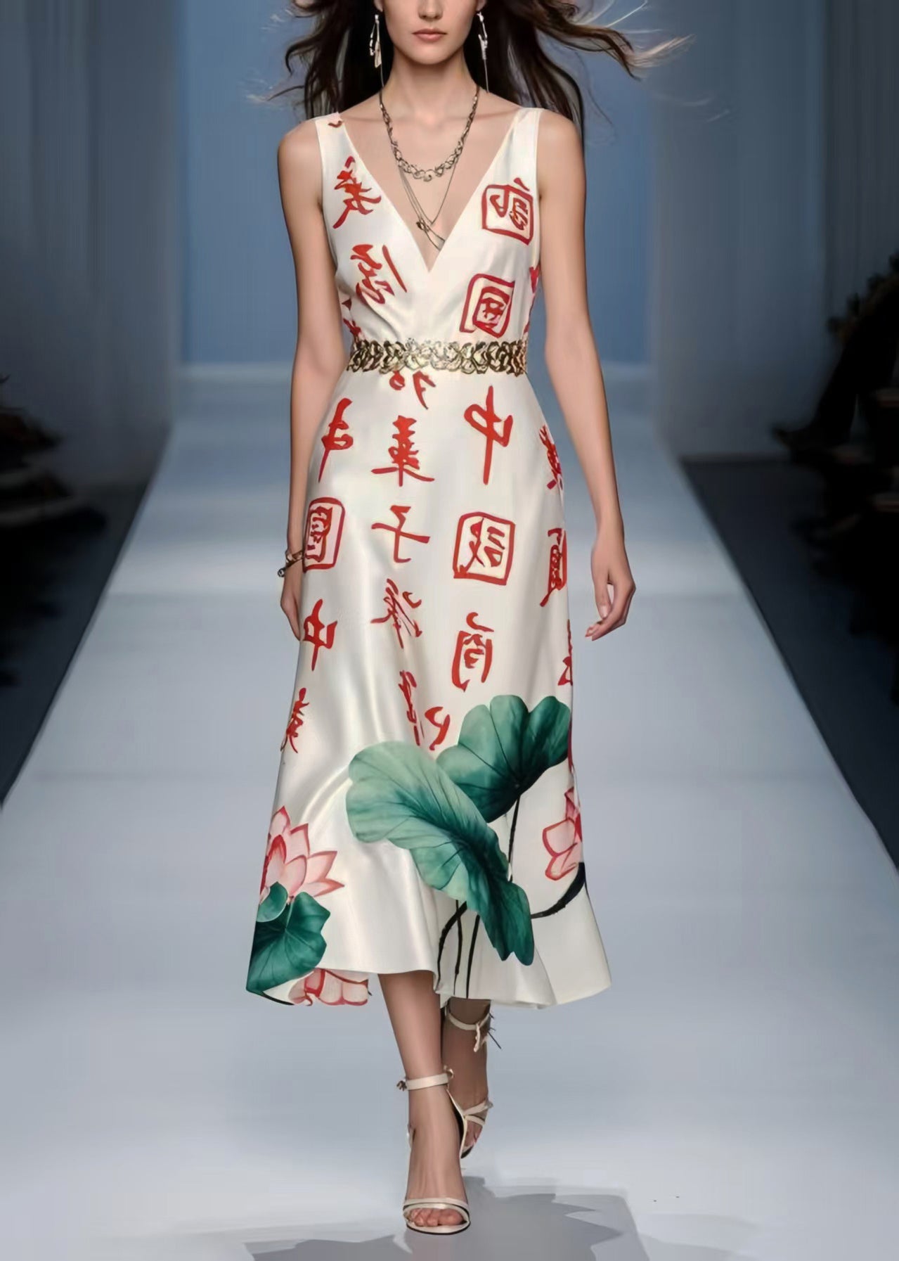 Silm Fit White Cinched Print Silk Long Dress Sleeveless