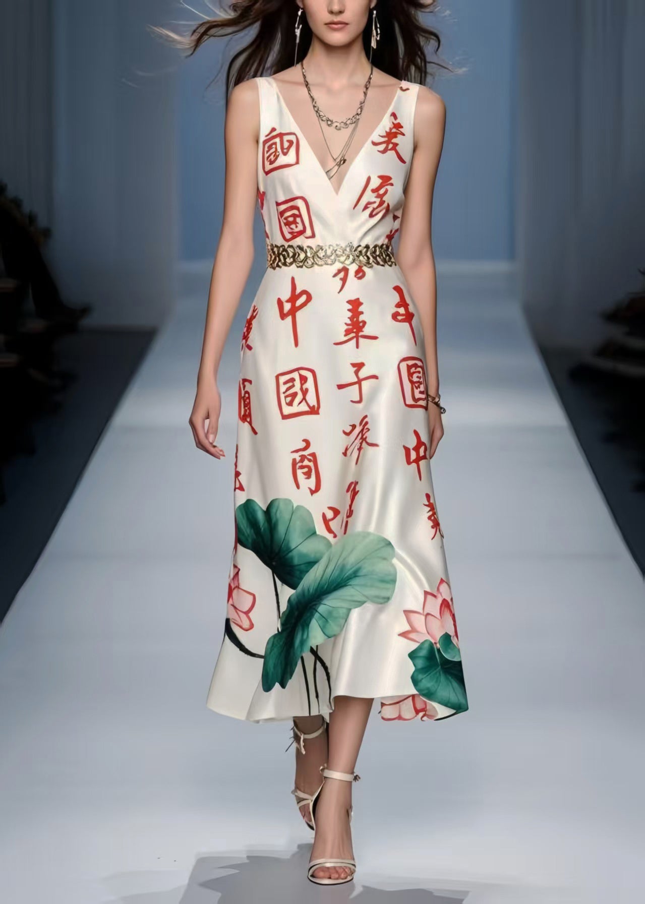 Silm Fit White Cinched Print Silk Long Dress Sleeveless