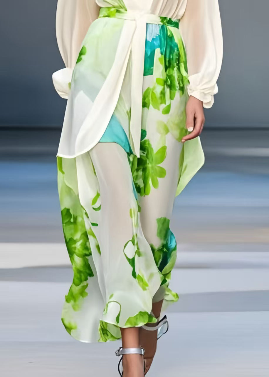 Silm Fit White Deep-V Neck Print Chiffon Dresses Spring