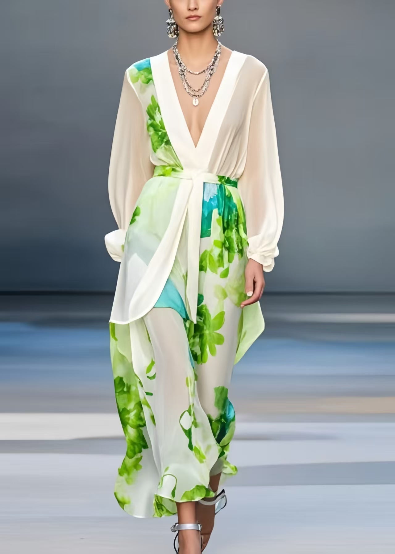 Silm Fit White Deep-V Neck Print Chiffon Dresses Spring