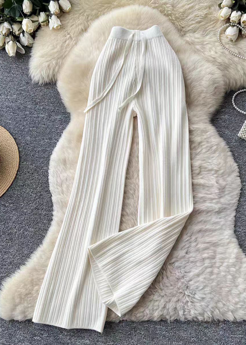 Silm Fit White Elastic Waist Knit Wide Leg Pants Fall
