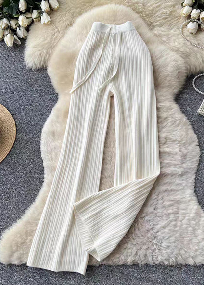 Silm Fit White Elastic Waist Knit Wide Leg Pants Fall