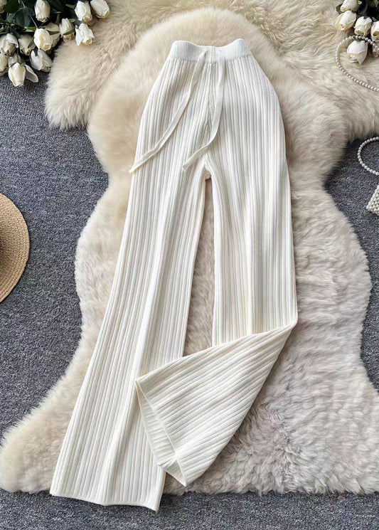 Silm Fit White Elastic Waist Knit Wide Leg Pants Fall