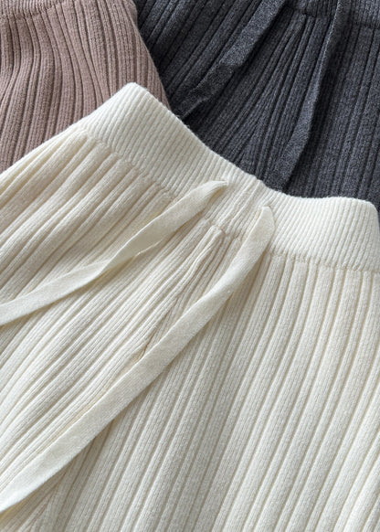 Silm Fit White Elastic Waist Knit Wide Leg Pants Fall