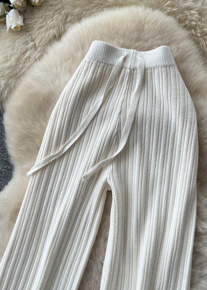 Silm Fit White Elastic Waist Knit Wide Leg Pants Fall