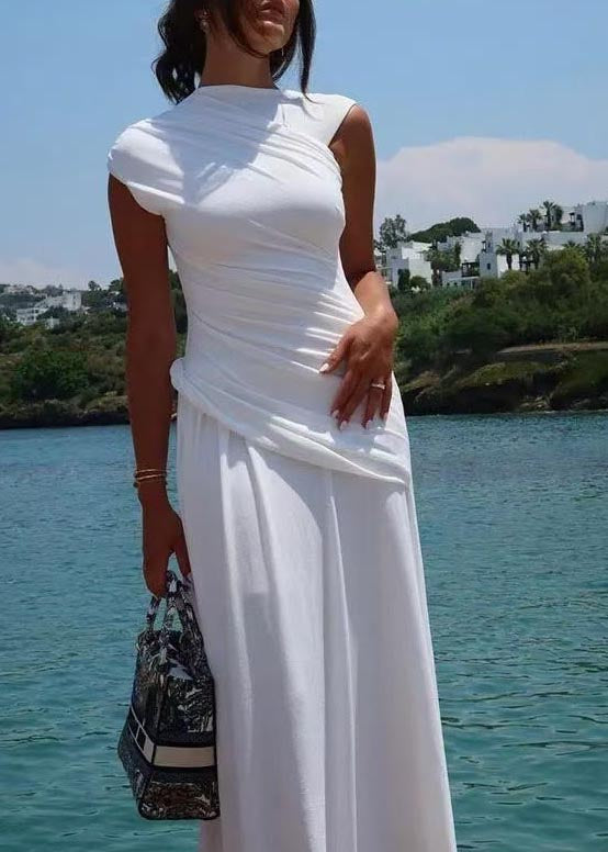 Silm Fit White Patchwork Wrinkled Cotton Wraped Dress Sleeveless