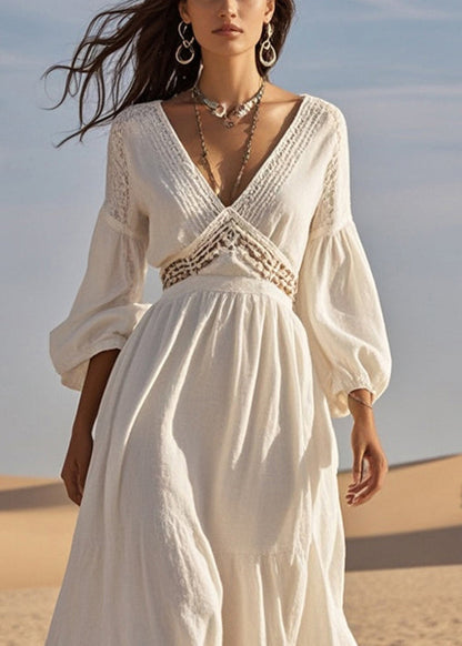 Silm Fit White V Neck Hollow Out Cotton Long Dress Spring
