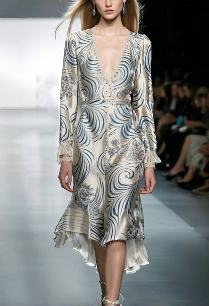 Silm Fit White V Neck Print Silk Long Dress Spring