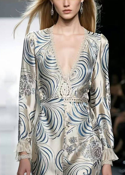 Silm Fit White V Neck Print Silk Long Dress Spring