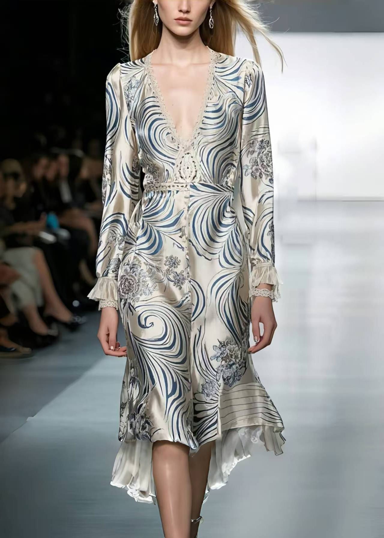 Silm Fit White V Neck Print Silk Long Dress Spring