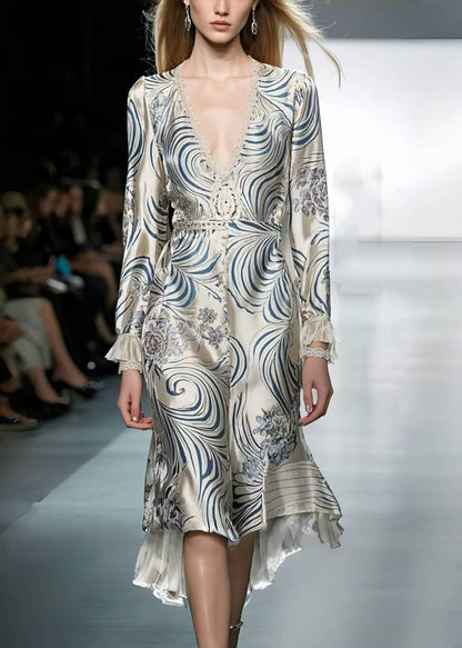 Silm Fit White V Neck Print Silk Long Dress Spring