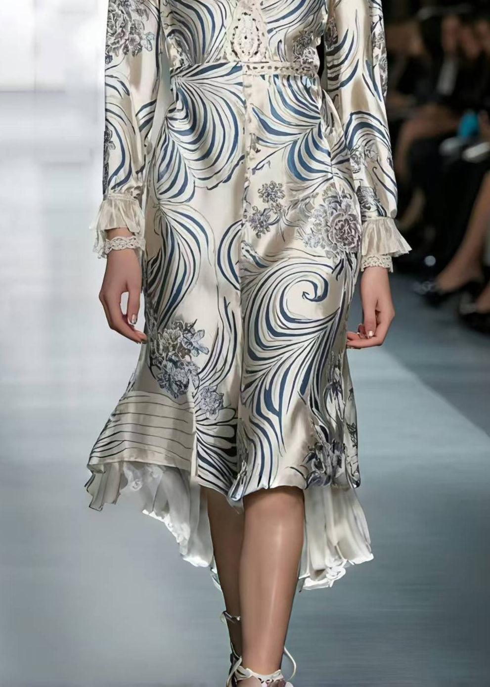 Silm Fit White V Neck Print Silk Long Dress Spring