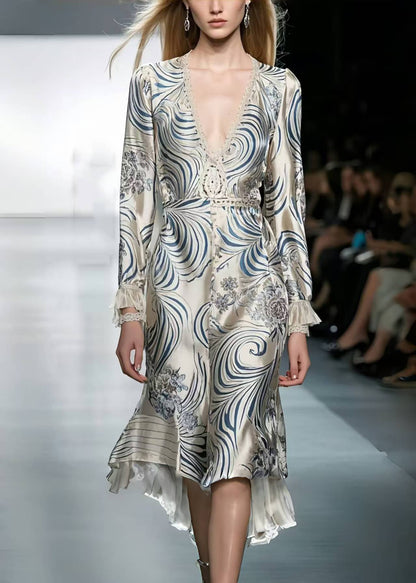 Silm Fit White V Neck Print Silk Long Dress Spring