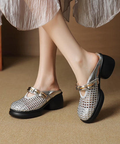 Silver Chunky Cowhide Leather Chic Slide Sandals Hollow Out