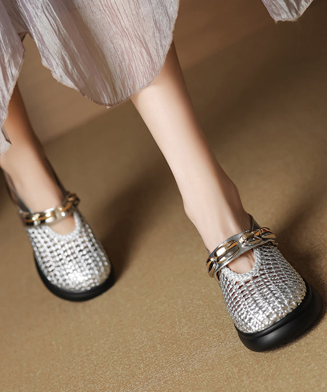 Silver Chunky Cowhide Leather Chic Slide Sandals Hollow Out
