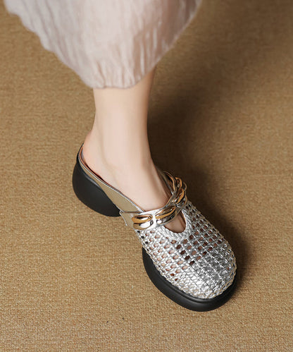 Silver Chunky Cowhide Leather Chic Slide Sandals Hollow Out
