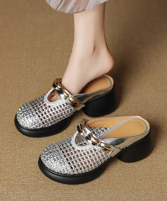 Silver Chunky Cowhide Leather Chic Slide Sandals Hollow Out