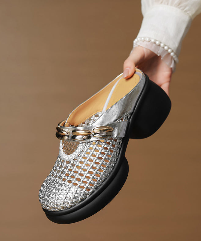 Silver Chunky Cowhide Leather Chic Slide Sandals Hollow Out