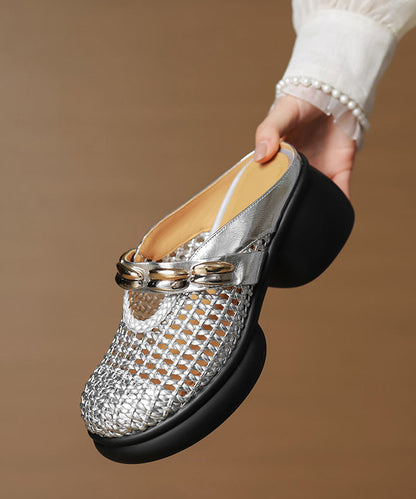 Silver Chunky Cowhide Leather Chic Slide Sandals Hollow Out